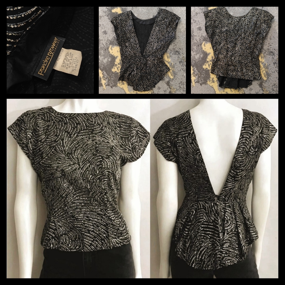 Vintage 1980's Black and Gold Open Back w/ Shoulder Pads Party Blouse